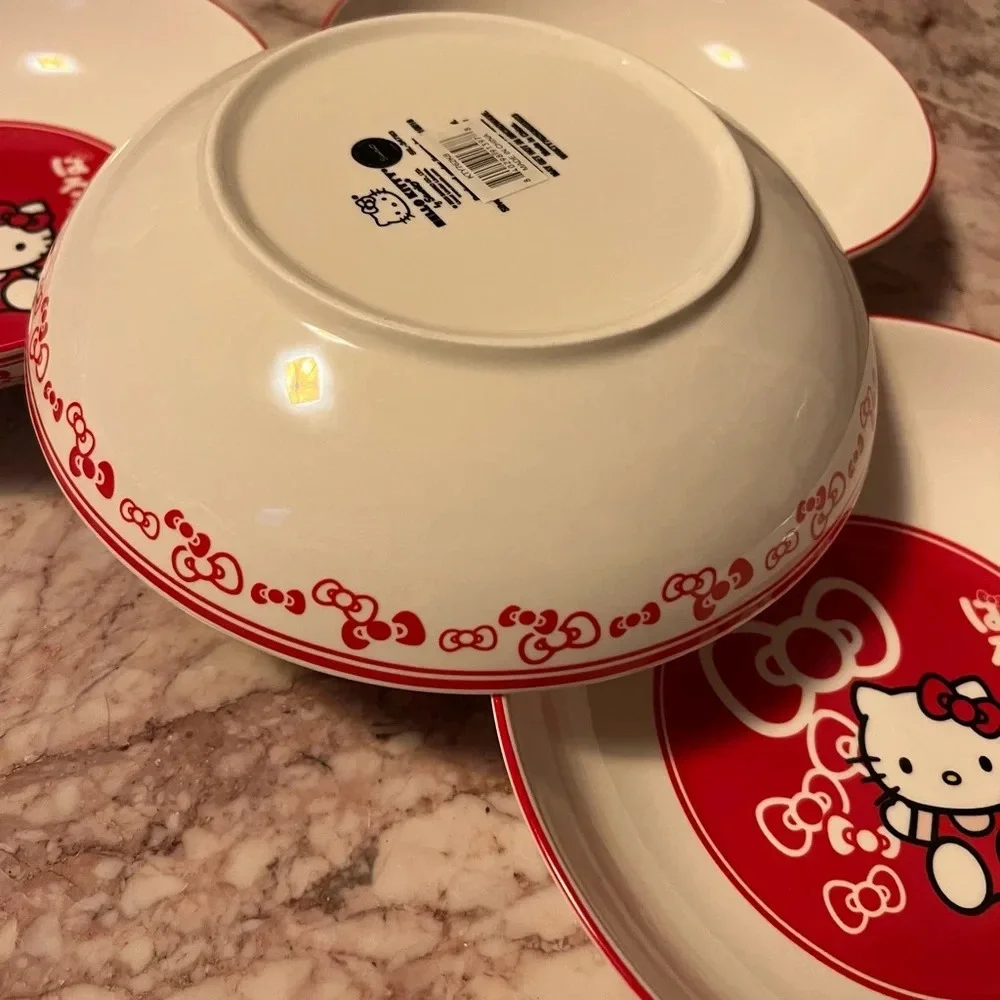 NEW Sanrio Set of 4 Hello Kitty Bow Japan 9" Wide Ceramic Bowls - Picture 2 of 5